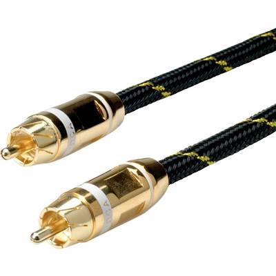 'Twee RCA-stekkers met gouden contacten en een zwarte, gevlochten kabelmantel.'