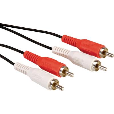 Twee rode en twee witte Cinch-stekkers aan zwarte kabels, gebruikt voor audio- of videoaansluitingen.