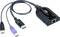 Elektronisch apparaat met een USB-kabel, DisplayPort-stekker en RJ45-Ethernet-aansluiting, geschikt voor computerverbindingen.