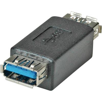 Een USB 3.0-koppelingsadapter met een blauw kunststof element in de aansluiting, dat wordt gebruikt voor snelle gegevensoverdracht.