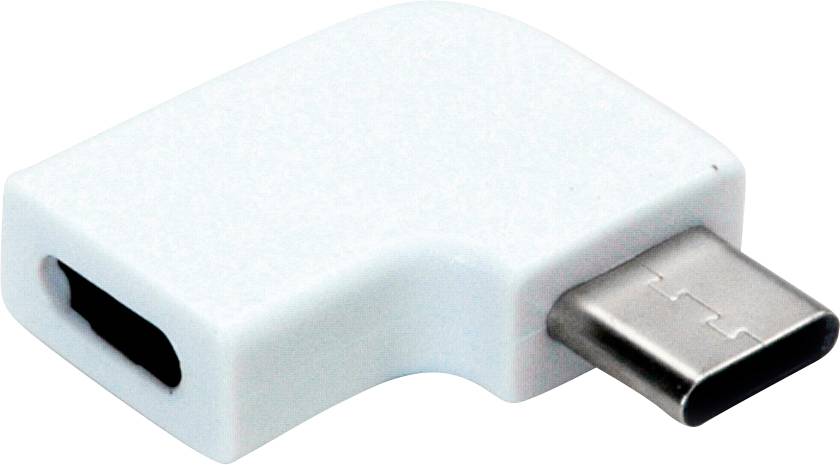 Een witte USB-C-adapter voor een haakse aansluiting van een USB-C-kabel op een apparaat, handig bij ruimtegebrek.