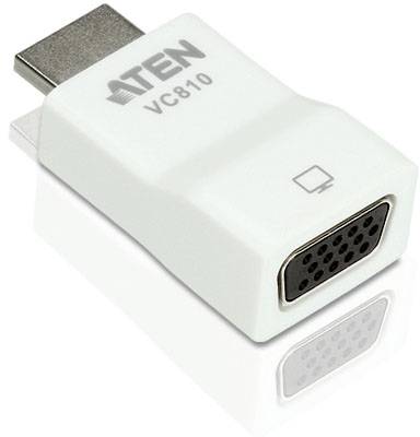 Een witte HDMI-naar-VGA-adapter met het opschrift 'ATEN VC810', ontworpen voor het weergeven van HD-inhoud op analoge displays.