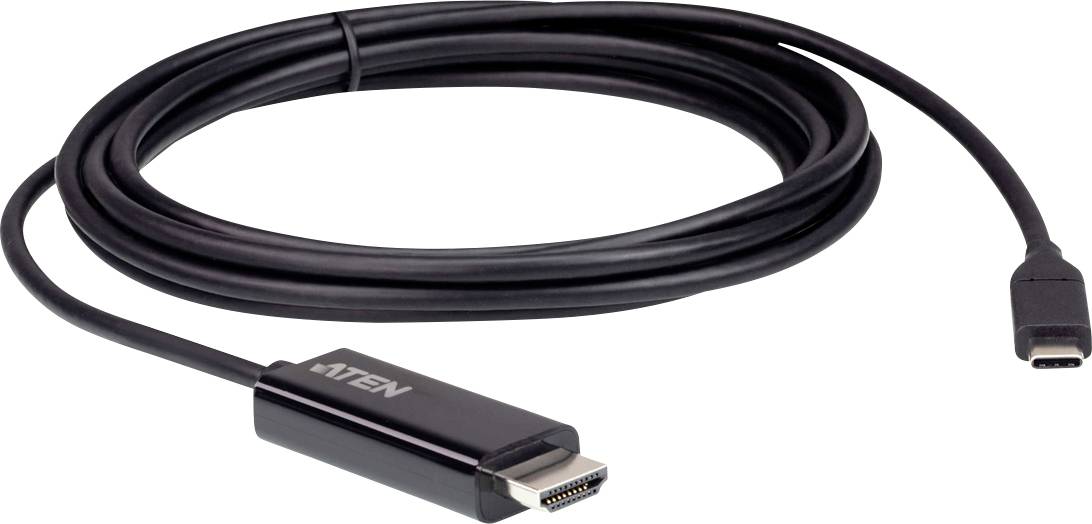 Een zwarte HDMI-naar-USB-C-kabel op een witte achtergrond, die wordt gebruikt voor het verbinden van elektronische apparaten.