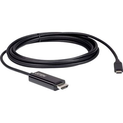 Een zwarte HDMI-naar-USB-C-kabel op een witte achtergrond, die wordt gebruikt voor het verbinden van elektronische apparaten.