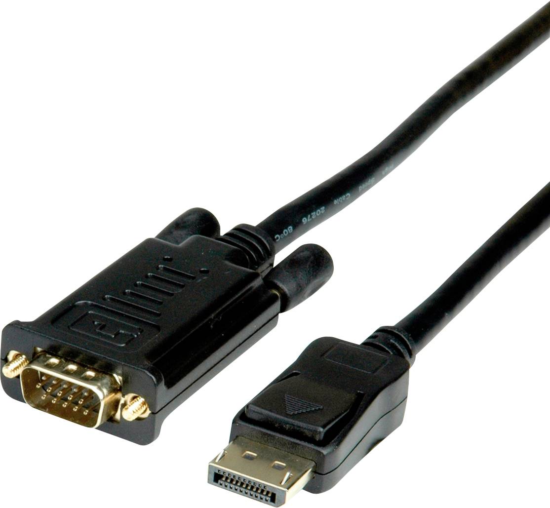 Een zwarte kabel met een VGA-connector aan de linkerzijde en een DisplayPort-connector aan de rechterzijde.