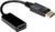 Een zwart DisplayPort-naar-HDMI-adapterkabel. Links een HDMI-stekker, rechts een DisplayPort-stekker.