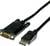 Een VGA-naar-DisplayPort-adapterkabel, zwart, met een VGA-stekker links en een DisplayPort-stekker rechts.