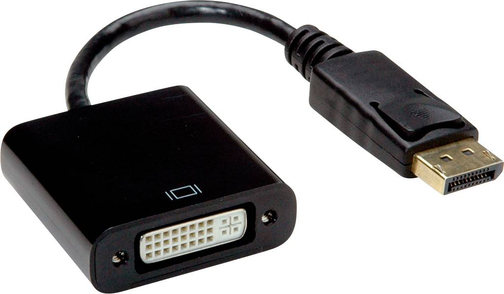 Een zwart DisplayPort-naar-DVI-adapterkabel dat digitale videosignalen tussen apparaten converteert en overdraagt.