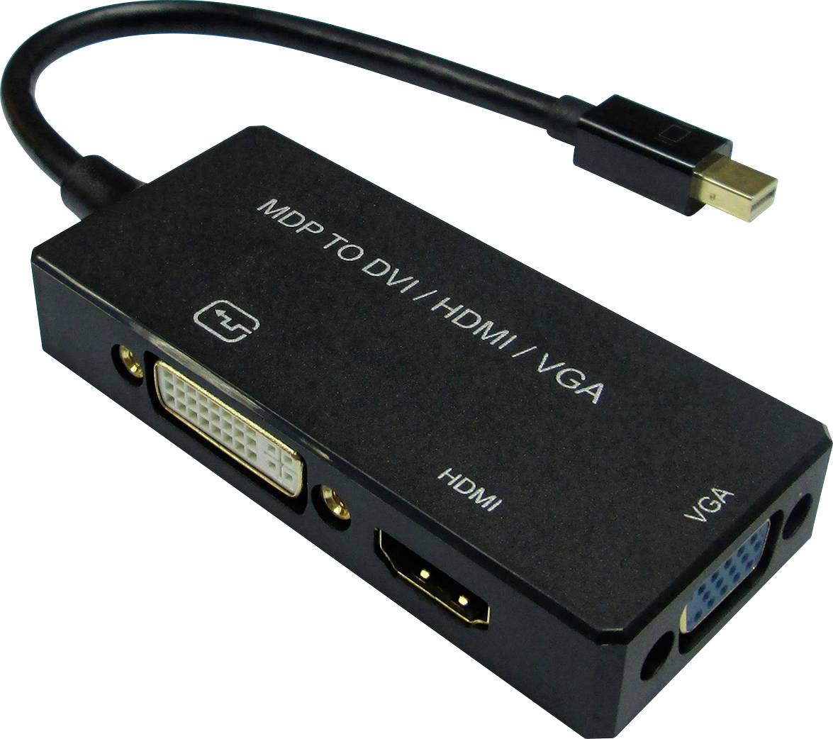 Zwarte adapter met Mini-DisplayPort-aansluiting en drie uitgangen: DVI, HDMI en VGA, geschikt voor monitors of projectoren.