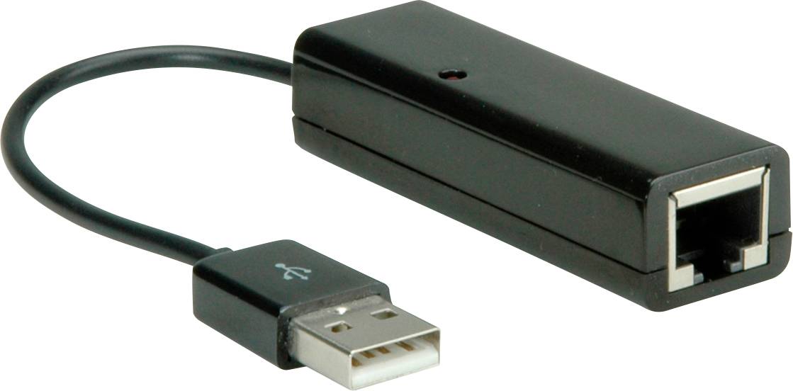 Een zwarte USB-Ethernet-adapter toont een USB-stekker en een Ethernet-poort die via een kabel met elkaar zijn verbonden.