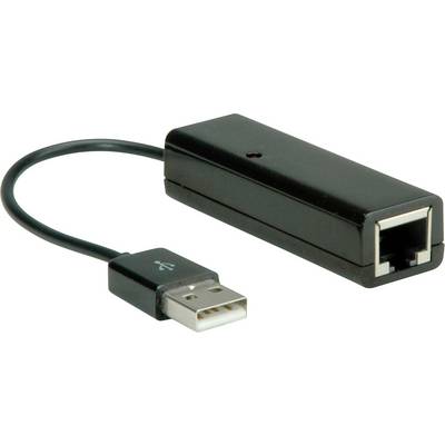 Een zwarte USB-Ethernet-adapter toont een USB-stekker en een Ethernet-poort die via een kabel met elkaar zijn verbonden.