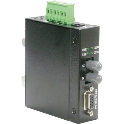 Zwarte mediaconverter met groene aansluitbalk bovenaan, meerdere status-LED's en een seriële RS-232-aansluiting aan de zijkant.