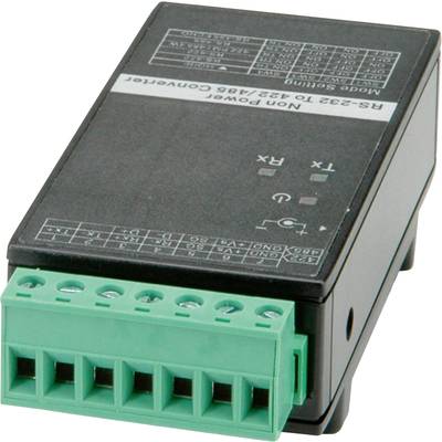 'RS-232 naar RS-485 converter met groene aansluitzone en zwarte behuizing. Toont TX/RX-indicatoren voor datacommunicatie.'