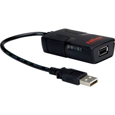 'Zwarte USB-naar-netwerk-adapter met een kort kabel en een USB-aansluiting.'