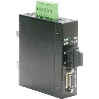 Een zwarte converter met groene aansluitklemmen en meerdere LED's aan de zijkant. Hij heeft onderaan een RS-232-aansluiting.