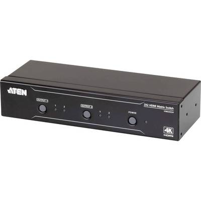 Zwarte 2x2 HDMI Matrix-Switch van ATEN met 4K-ondersteuning, twee ingangs- en twee uitgangsswitches, geschikt voor video-omschakeling.