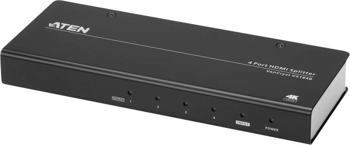 Een zwarte 4-poorts HDMI-splitter met merklogo en opschrift. Voorzijde toont ingangs- en uitgangsporten alsmede de Power-LED.