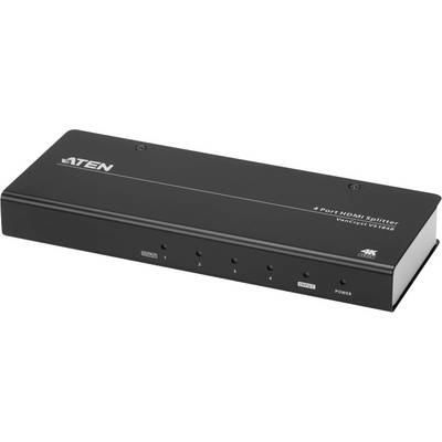 Een zwarte 4-poorts HDMI-splitter met merklogo en opschrift. Voorzijde toont ingangs- en uitgangsporten alsmede de Power-LED.