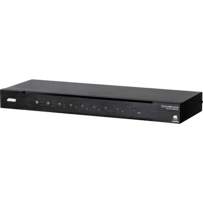 Zwarte HDMI-switch met negen bedieningsknoppen en witte markeringen. Geschikt voor het beheren van meerdere beeldscherm- en audioverbindingen.