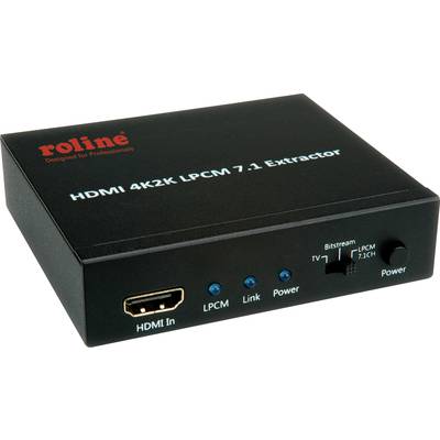 Zwart rechthoekig apparaat met opschrift 'roline HDMI 4K2K LPCM 7.1 Extractor'. Beschikt over ingangen en statuslampjes aan de voorzijde.