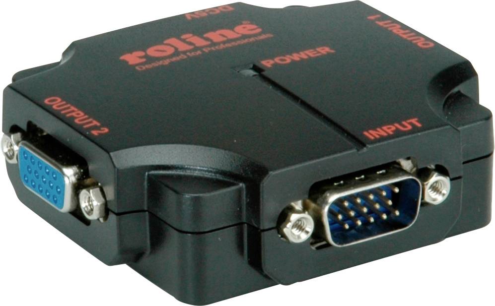'VGA-schakelaar van Roline' met twee VGA-aansluitingen, gemarkeerd als 'Output 2' en 'Input', voor het aansluiten van videoapparatuur.