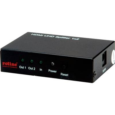 'HDMI UHD Splitter 1x2' op zwart apparaat. Voorkant toont indicatoren voor 'Uit 1', 'Uit 2', 'In', 'Voeding' en 'Reset'.