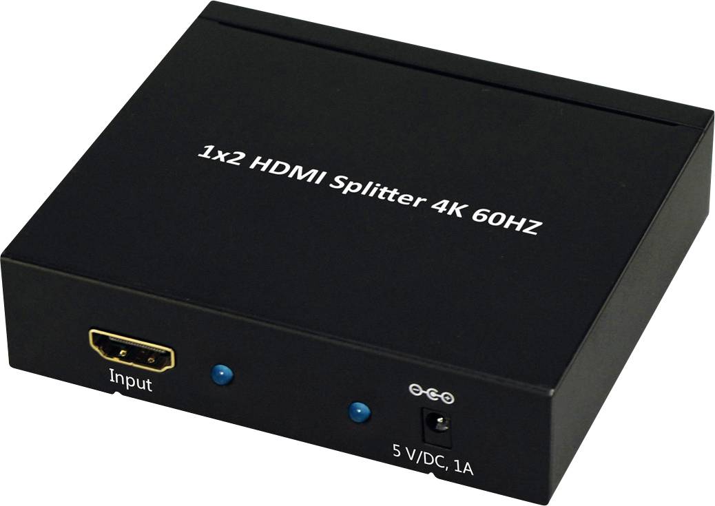 Een zwarte HDMI-splitter met de opdruk '1x2 HDMI Splitter 4K 60HZ'. Hij heeft één HDMI-ingang en een 5V/DC, 1A stroomaansluiting.