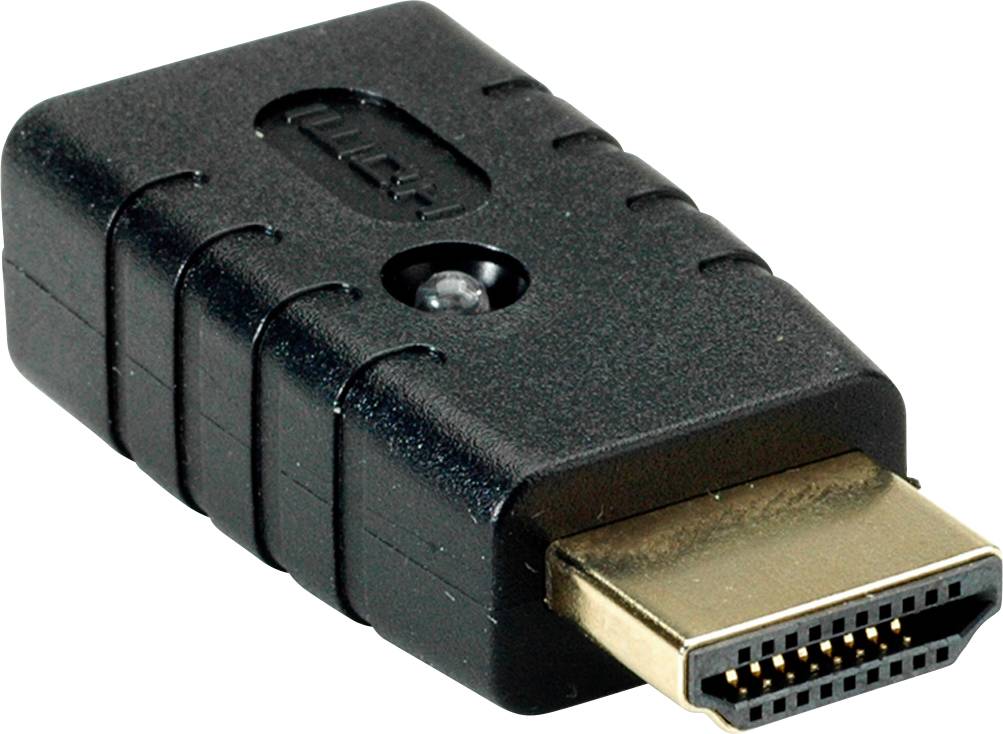 Een zwarte HDMI-stekker met gouden punt en afgeronde rechthoekige vormgeving, voor het verbinden van multimediaapparatuur.