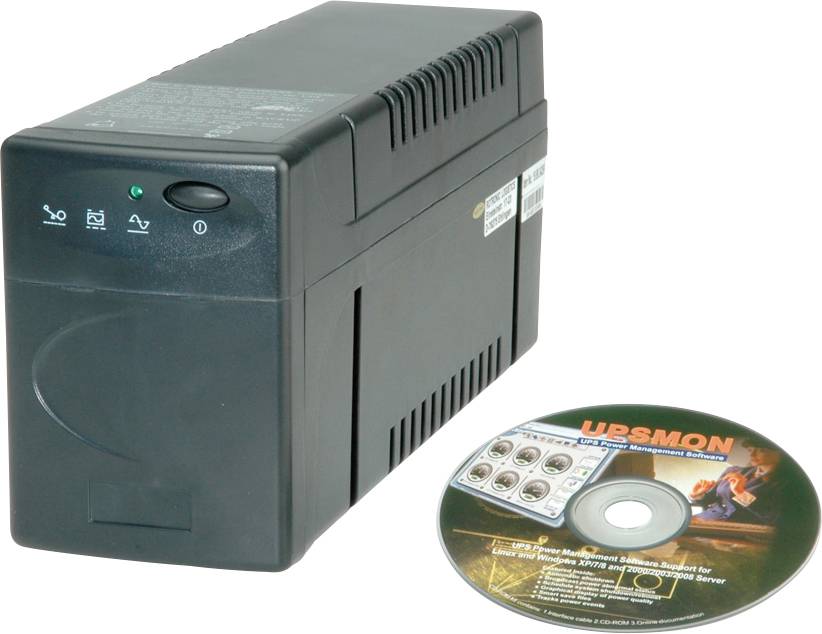 USV-apparaat met LED-indicatoren voor stroom en accu, naast een cd met opschrift 'UPSMON' voor software voor bewaking en besturing.