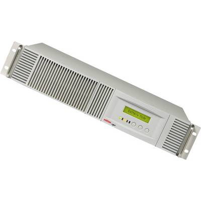 Een elektronisch apparaat met een display dat de tekst 'Batterijmodus' weergeeft. Het heeft knoppen en ventilatiesleuven.