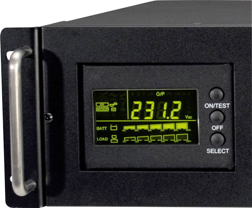 Zwart apparaat met digitaal display toont '231,2 V AC'. Toetsen zijn gelabeld met 'ON/TEST', 'OFF' en 'SELECT'.