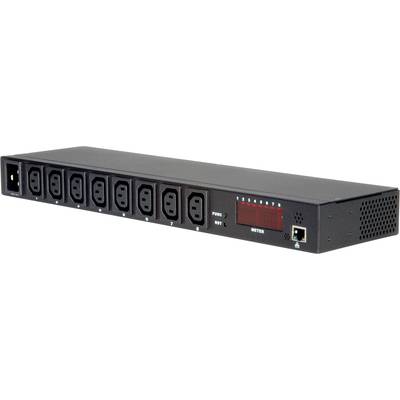 Een zwarte stroomverdeelunit met acht aansluitplaatsen en een digitaal display. Geschikt voor serverruimtes of technische omgevingen.