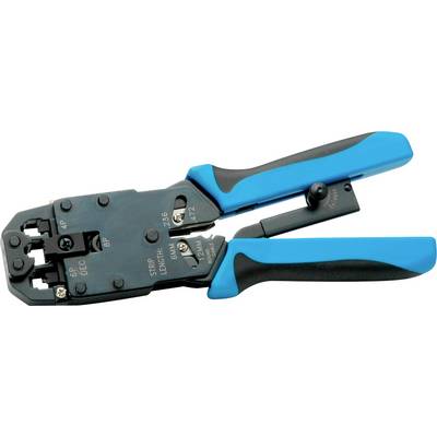 Krimptang met blauw-zwarte handgrepen, geschikt voor het snijden en strippen van kabels, evenals het crimpen van steekverbindingen.