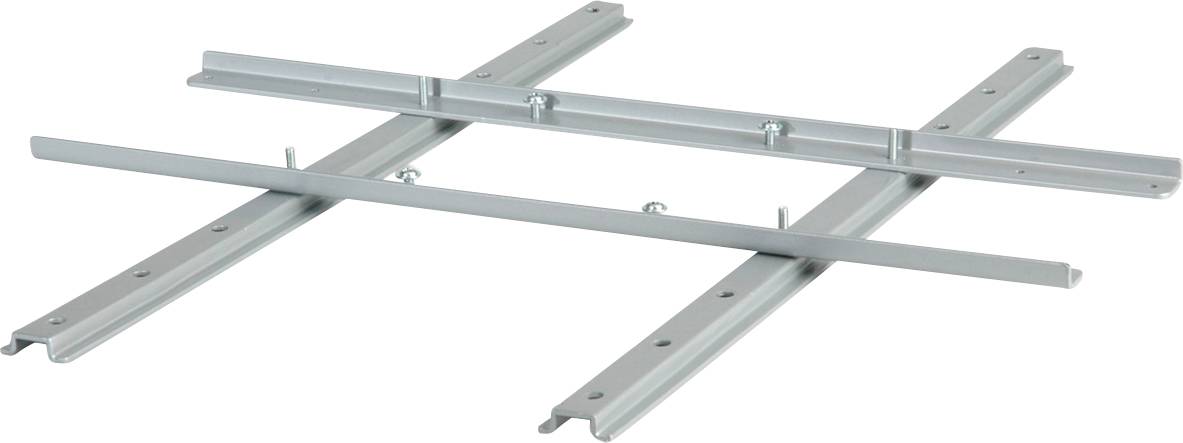 Metalen rek-systeem met vier rails die een rooster vormen. Dient ter ondersteuning of montage van apparaten of constructies.