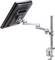 'Verstelbare metalen monitorarm, bevestigd aan een bureau, ondersteunt schermflexibiliteit en ruimtebesparing op kantoor.'
