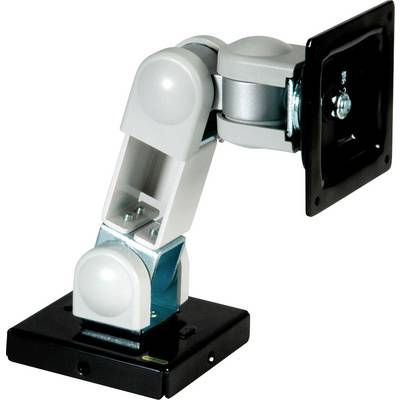 Een verstelbare monitorarm van metaal, bevestigd aan een voet. Hij wordt gebruikt voor flexibele positionering van beeldschermen.