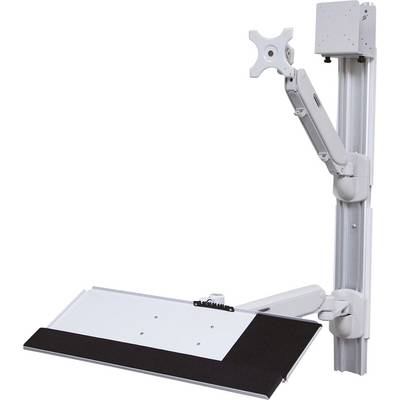 Een verstelbare monitorarm met toetsenbordlade voor wandmontage. Draai- en kantelbaar, geschikt voor ergonomische werkplekindrichting.
