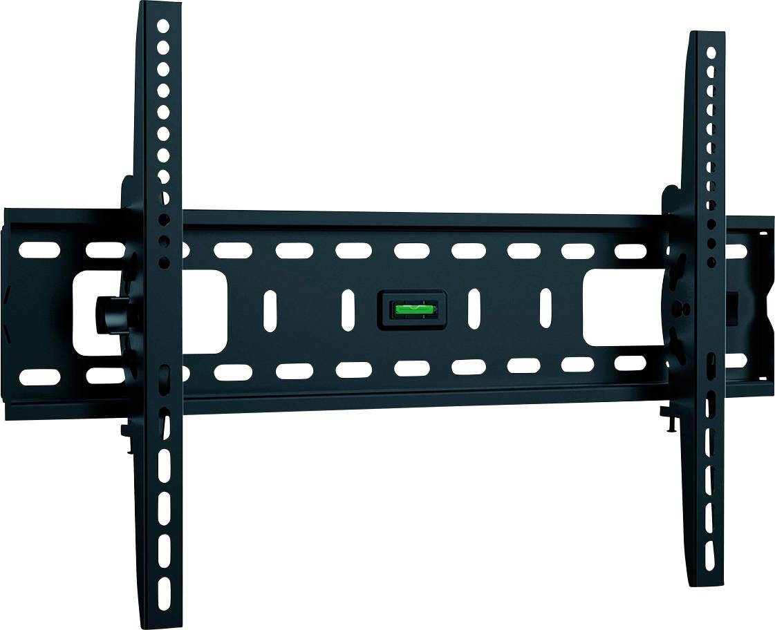 Zwarte TV-wandsteun met verstelbare armen en geïntegreerde waterpas, geschikt voor verschillende schermformaten.