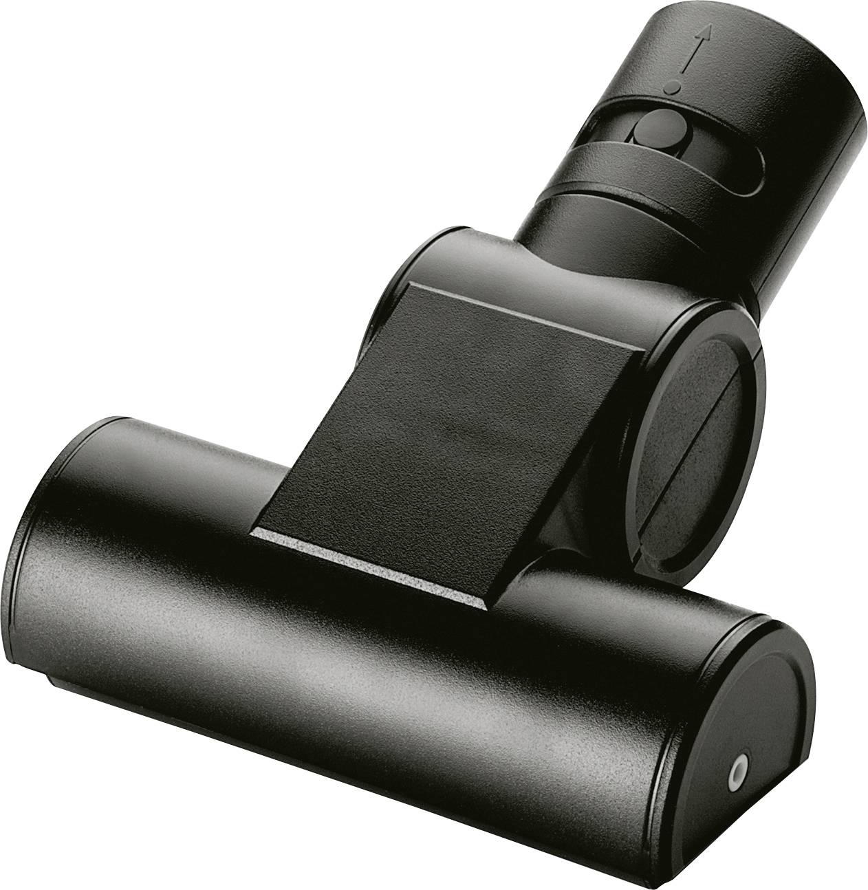 Zwarte stofzuiger-turboborstel met cilindrische borstelkop en luchtstuurklep, voor effectieve verwijdering van dierenharen.