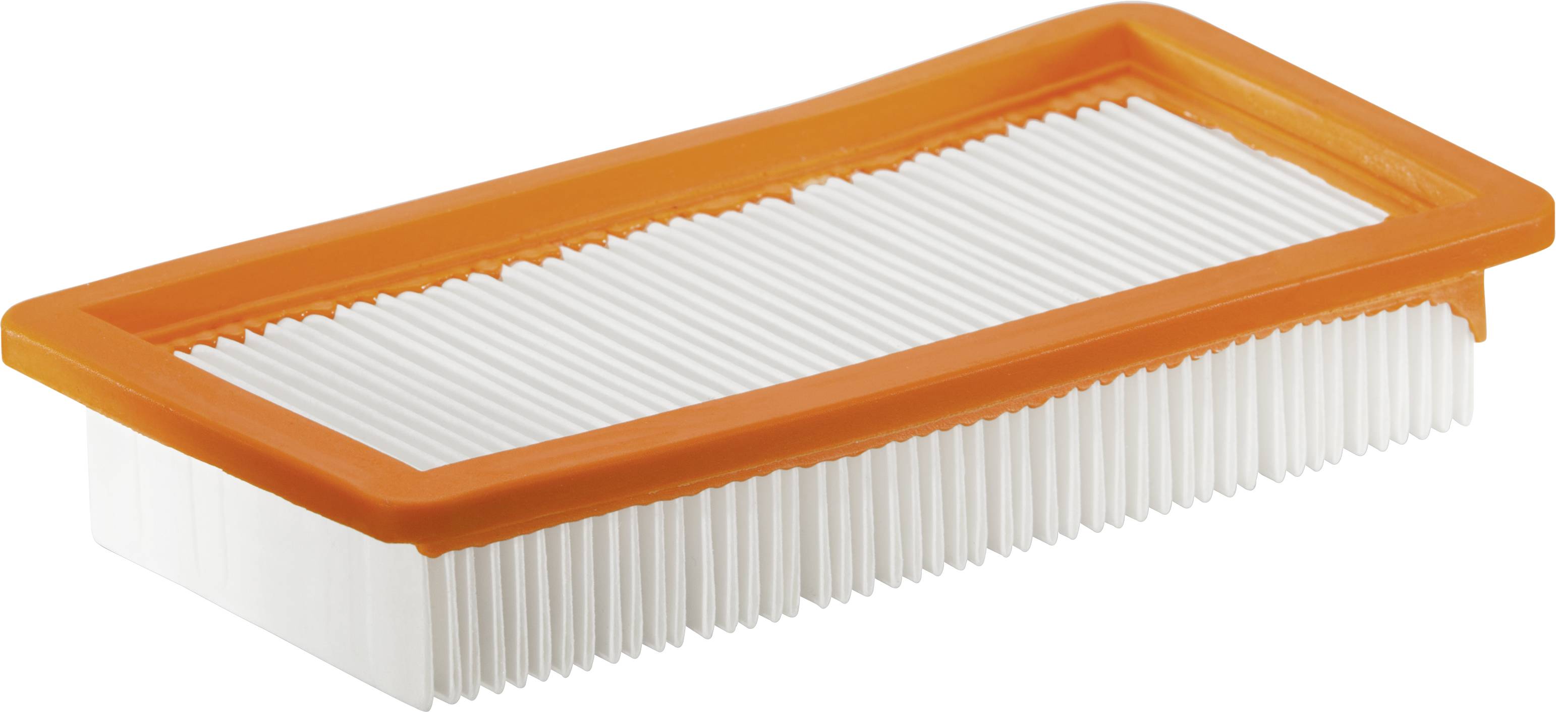 Een rechthoekige luchfilter met witte lamellen en een oranje omlijsting.