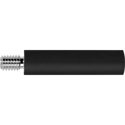 Een zwart, cilindrisch object met een zilveren schroefdraad aan de linkerkant, mogelijk een adapter of connector.