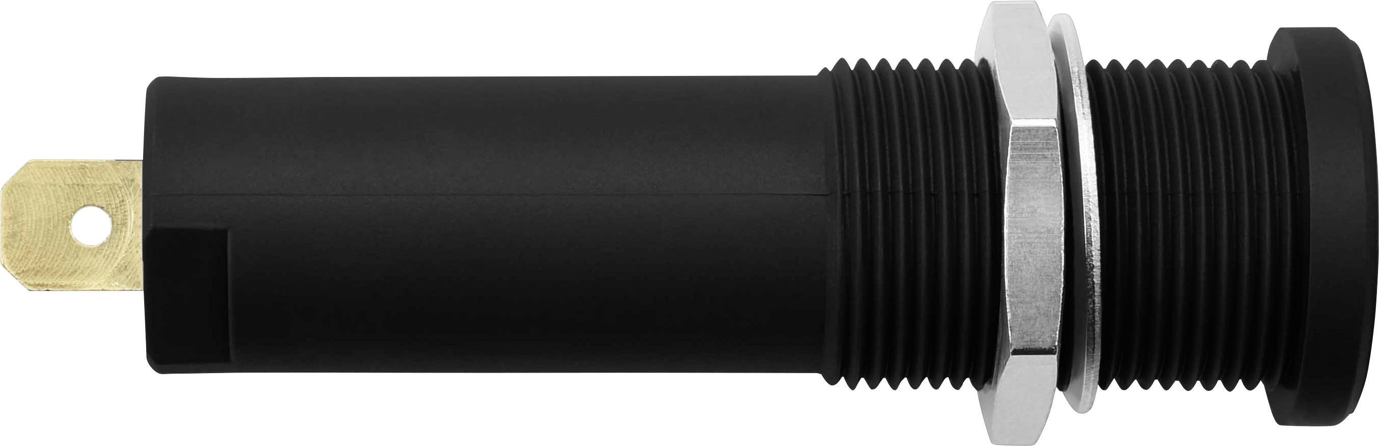 Een zwarte, cilindrische sensor met schroefdraad en metalen contact. Vaak gebruikt in elektrische of mechanische toepassingen.