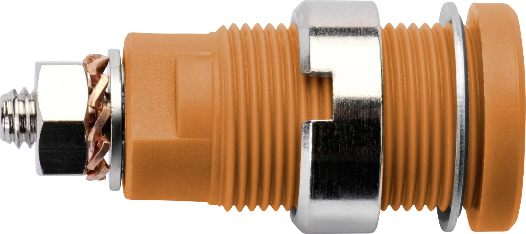 Een oranje, cilindrische stekker met zilveren metalen ring en schroefdraad. Spoel van koperdraad is zichtbaar.
