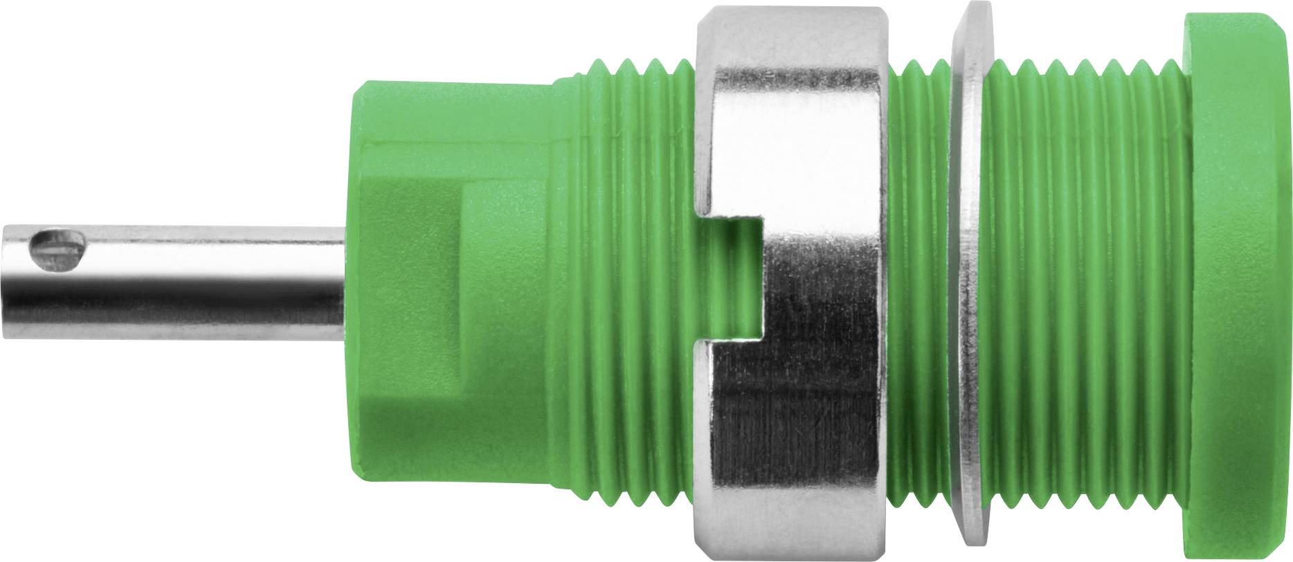 Groene elektrische stekkerverbinding met metalen schroefdraad en lange pen, zijaanzicht.