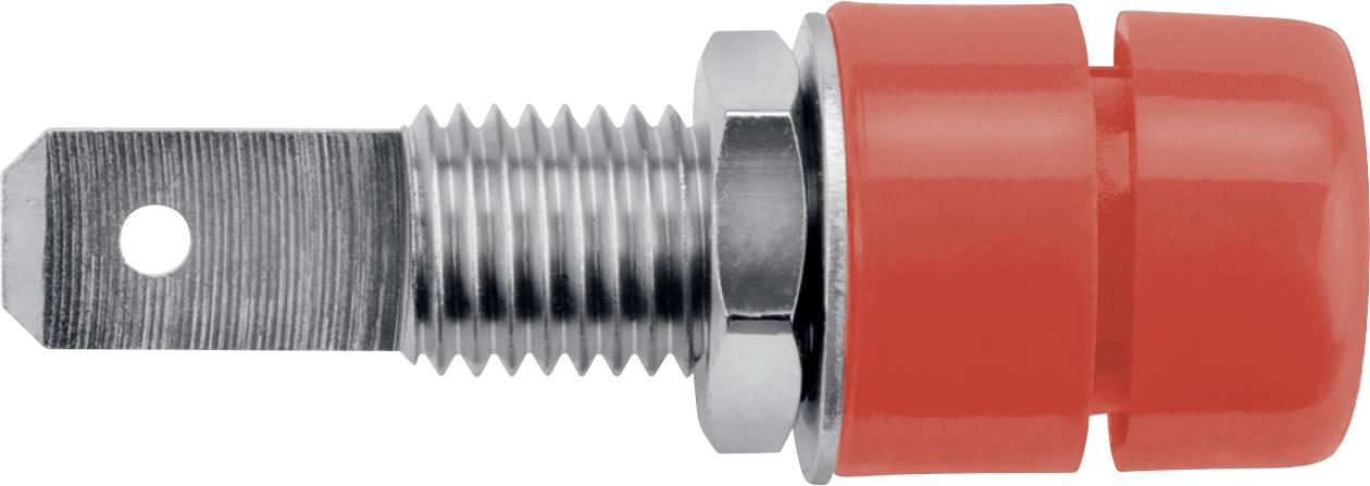 Een metalen bout met een rode kunststof handgreep. De bout heeft een schroefdraad. Vermoedelijke hoofdtoepassing in bevestigingsmechanismen.
