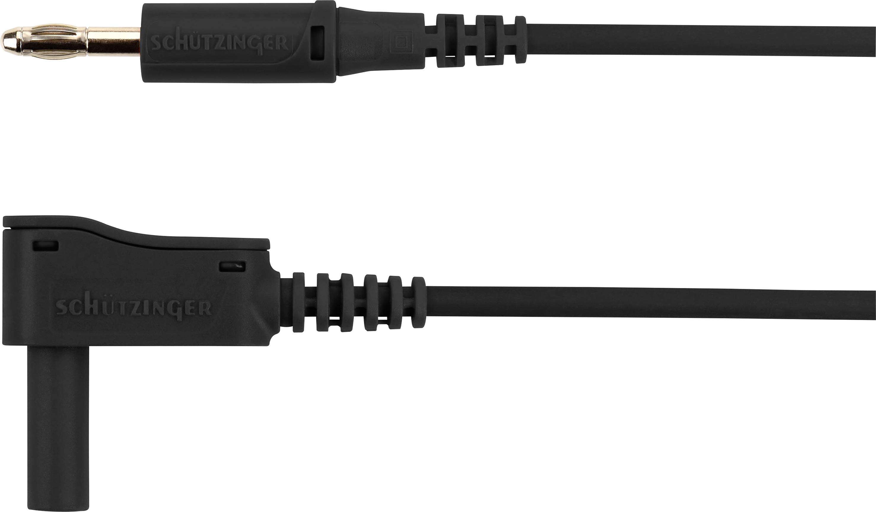 'Twee zwarte Schützinger jackpluggen, één recht, de andere haaks, met kabel.'