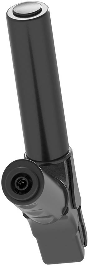 Een zwarte, cilindrische pen met een gehoekte punt, waarschijnlijk een technisch apparaat of gereedschap.