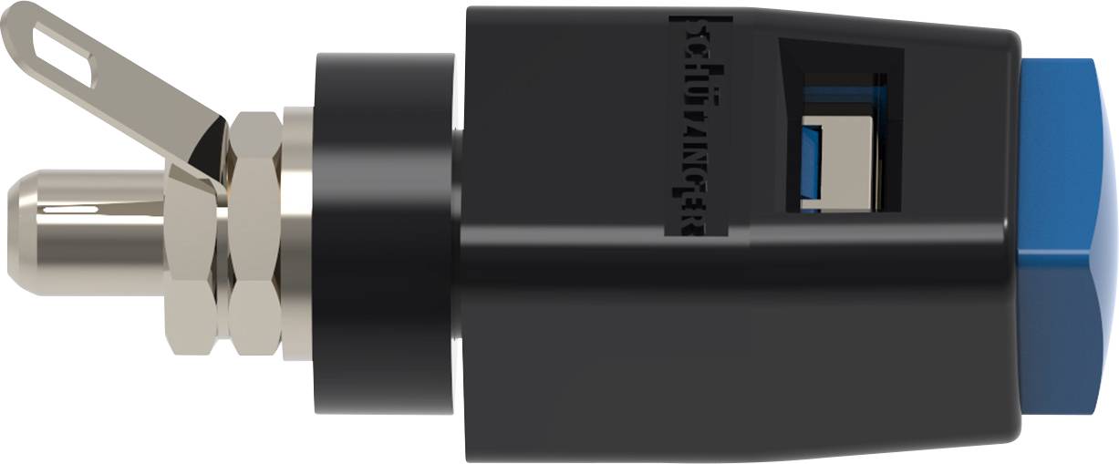 Zijaanzicht van een zwarte RCA-stekker met een blauwe punt en metalen onderdelen. Gebruikt voor het aansluiten van audioapparatuur.
