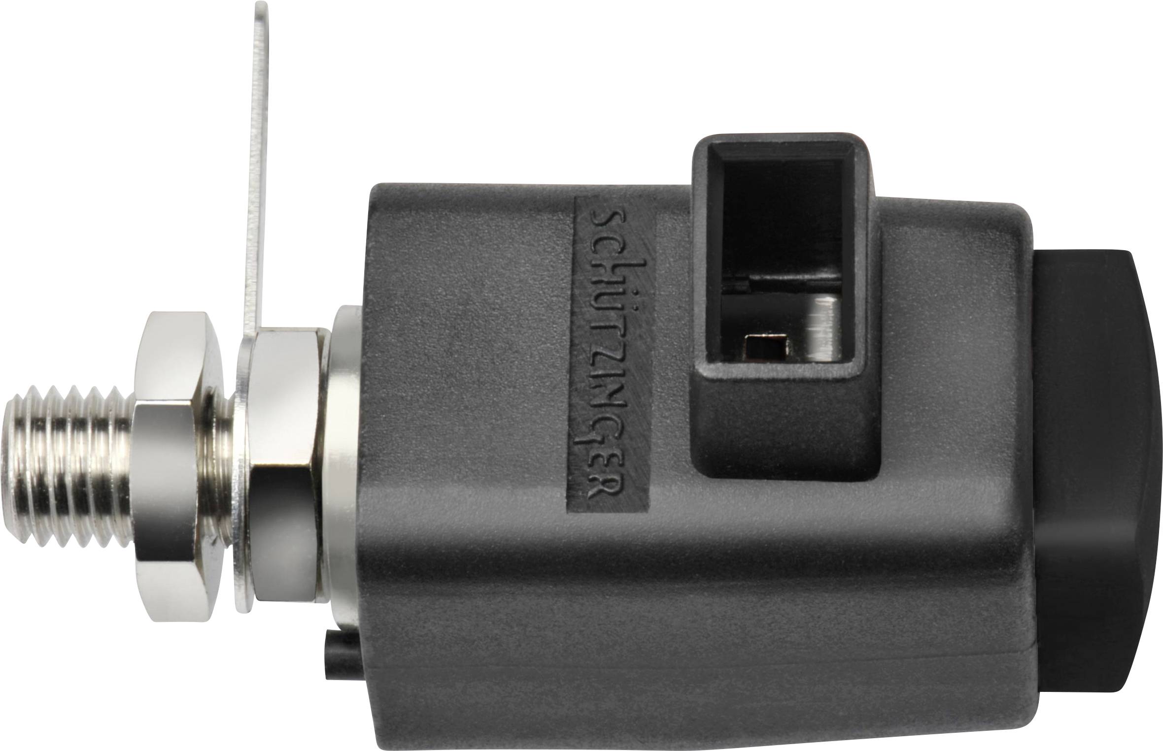 Een zwarte stekkerverbinding van Schützinger met metalen schroefdraad en montageplaat, zijaanzicht. Geschikt voor gespecialiseerde elektronische toepassingen.