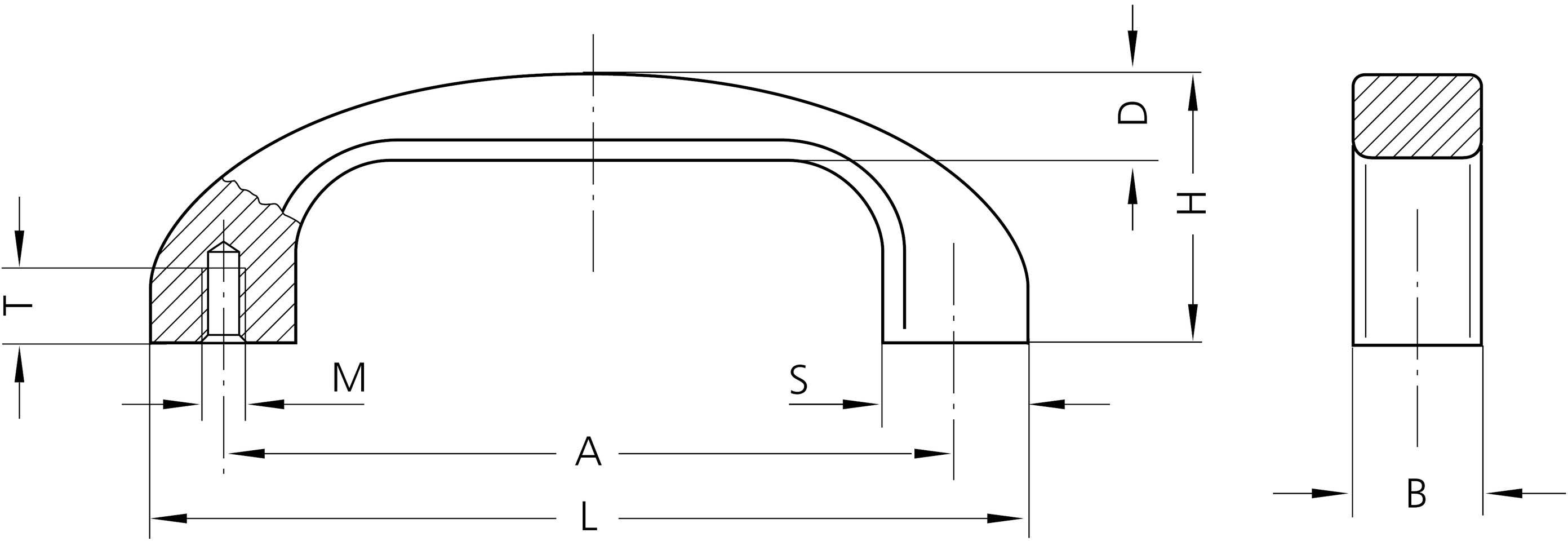 Technische tekening van een handgreep met afmetingen: T, M, S, A, D, H, B. Weergave in zij-aanzicht en doorsnede, toont profiel en maten.
